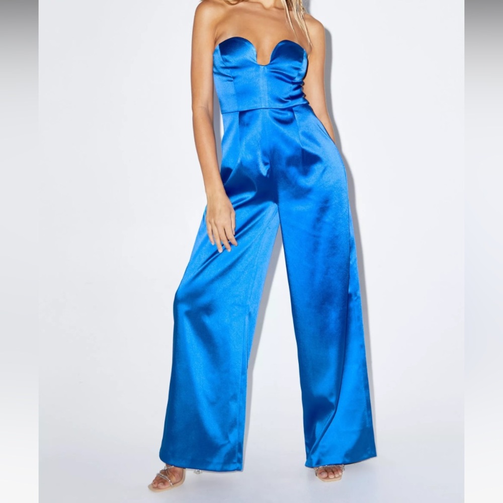 NWT Nasty Gal Satin Strapless Tailored Jumpsuit size 12 in Blue